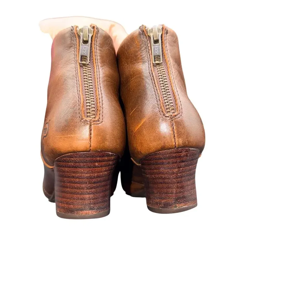 Born Jessen Brown Leather Ankle Booties Back Zip Heel Women’s Size 9